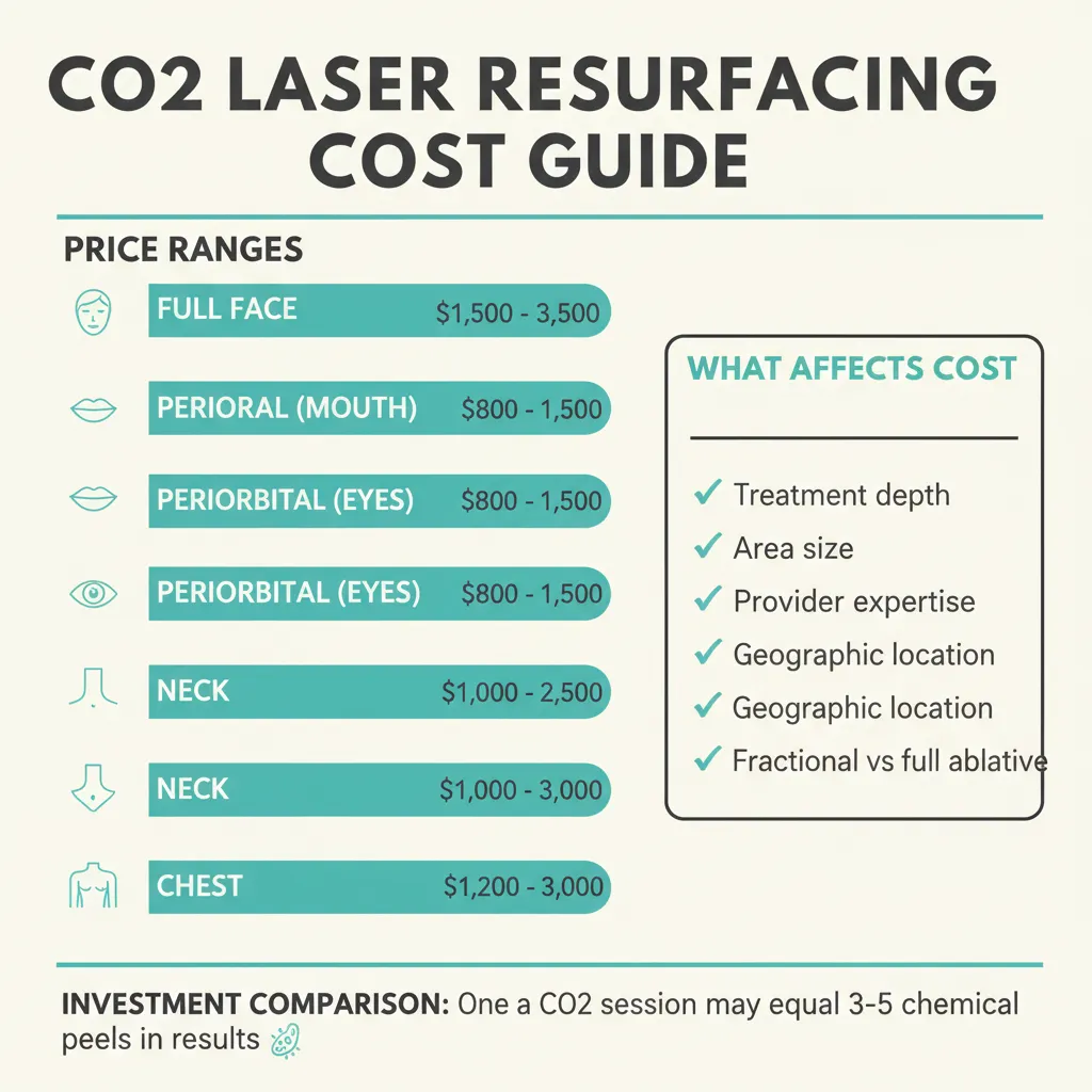 Infographic breaking down CO2 laser resurfacing cost factors and price ranges by treatment area