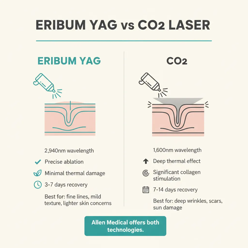 Infographic comparing Erbium YAG laser versus CO2 laser by wavelength, depth, recovery, and ideal concerns