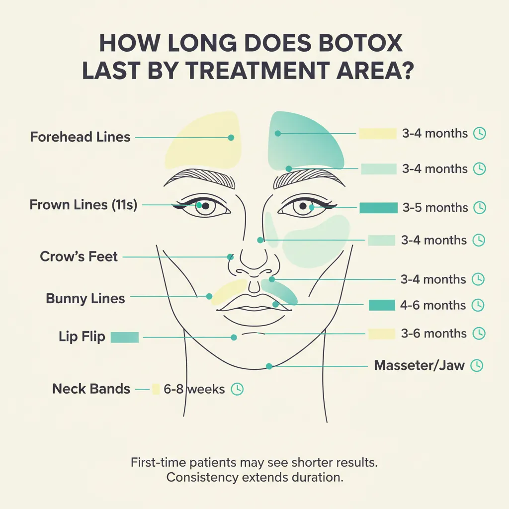 Infographic showing how long Botox lasts by treatment area with timeline
