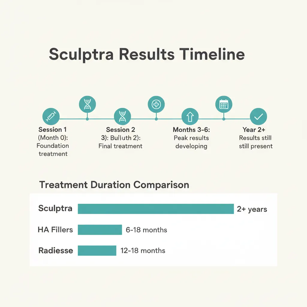 Infographic showing Sculptra results timeline from first session through 2 years
