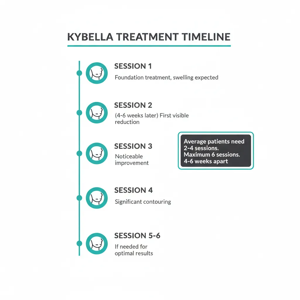 Infographic showing typical Kybella treatment timeline from session 1 through session 6