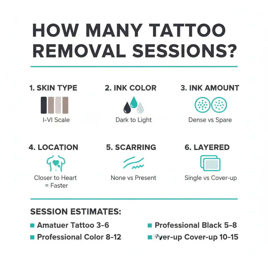 Infographic showing factors that determine number of tattoo removal sessions using the Kirby-Desai scale