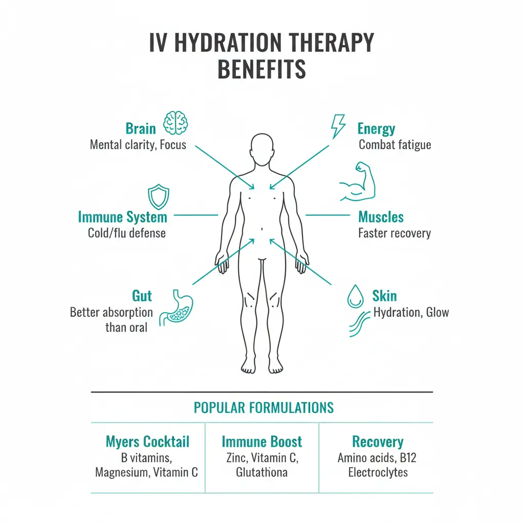 Infographic showing IV hydration therapy benefits including hydration, immune support, energy, and recovery