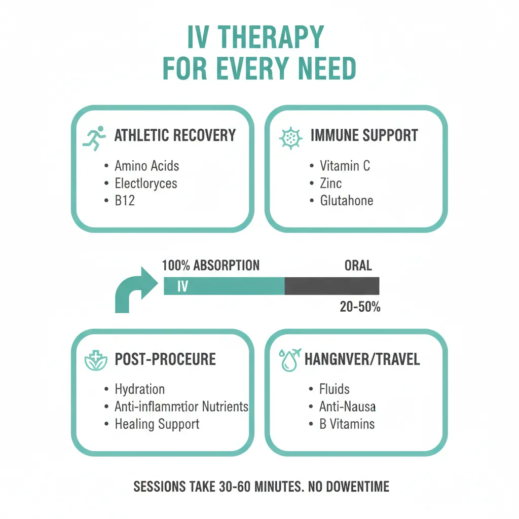 Infographic showing different IV therapy formulations for recovery, immunity, energy, and wellness