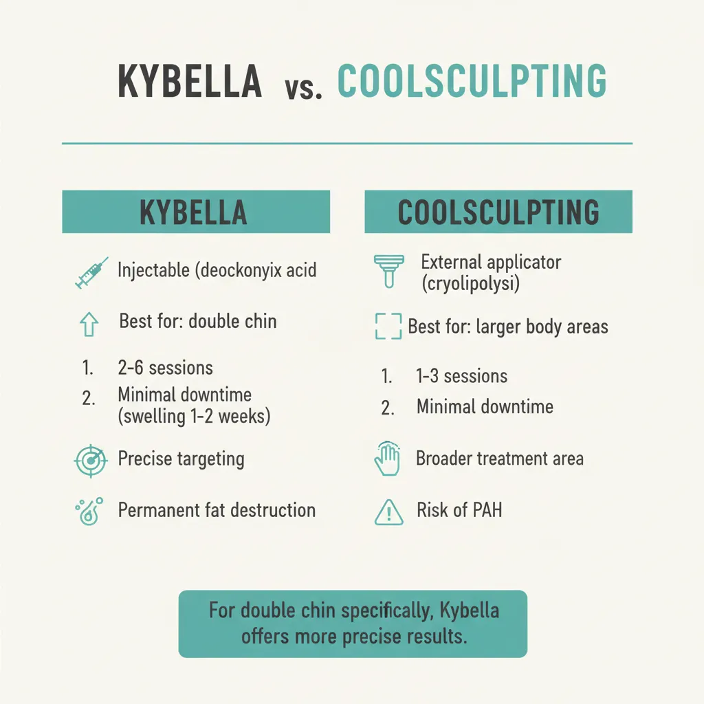 Infographic comparing Kybella versus CoolSculpting by mechanism, treatment areas, sessions, and results