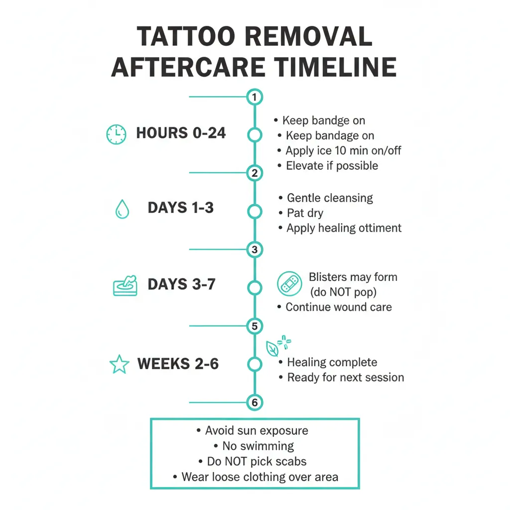 Infographic showing laser tattoo removal aftercare timeline from day 1 through full healing
