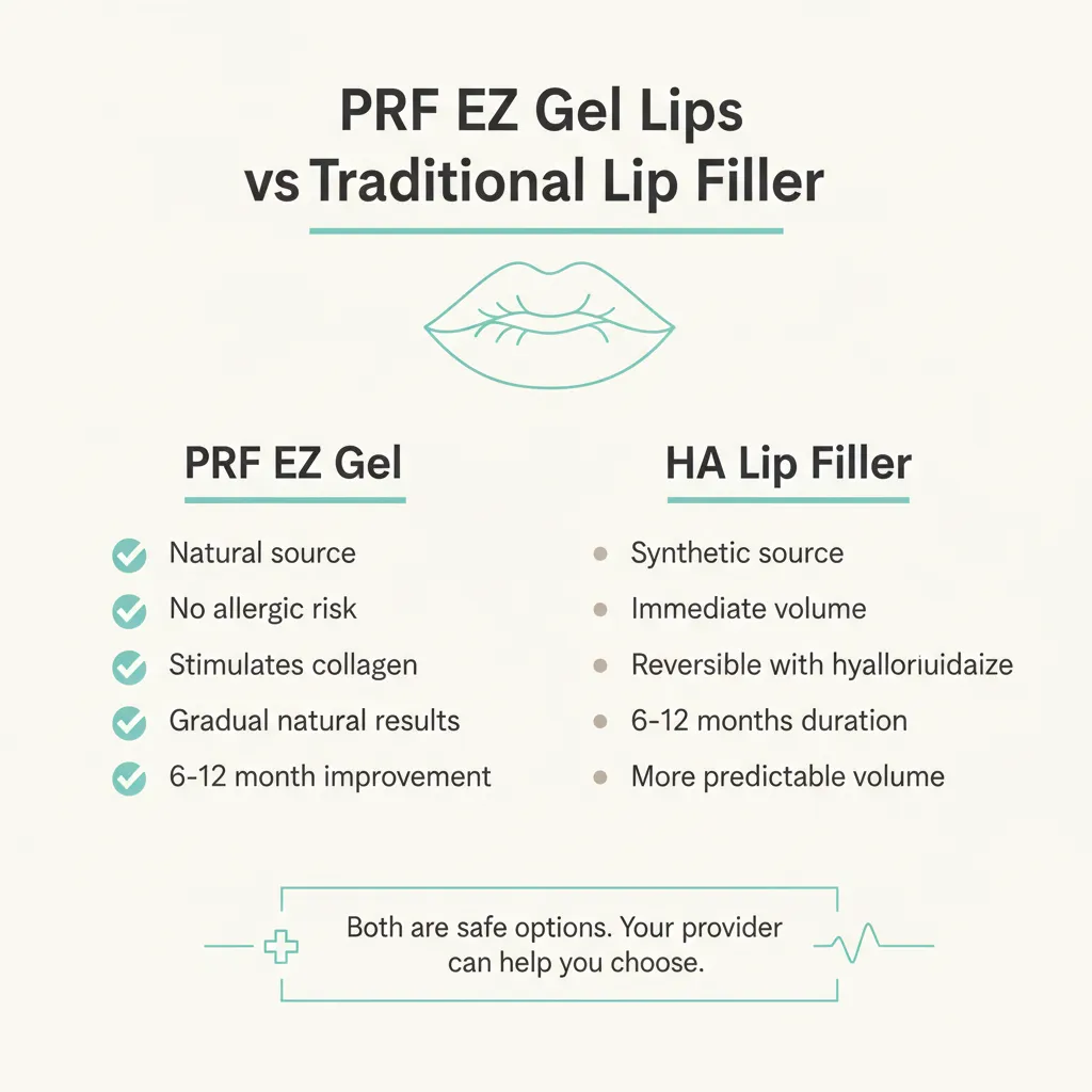 Infographic comparing PRF EZ Gel lips versus traditional lip filler