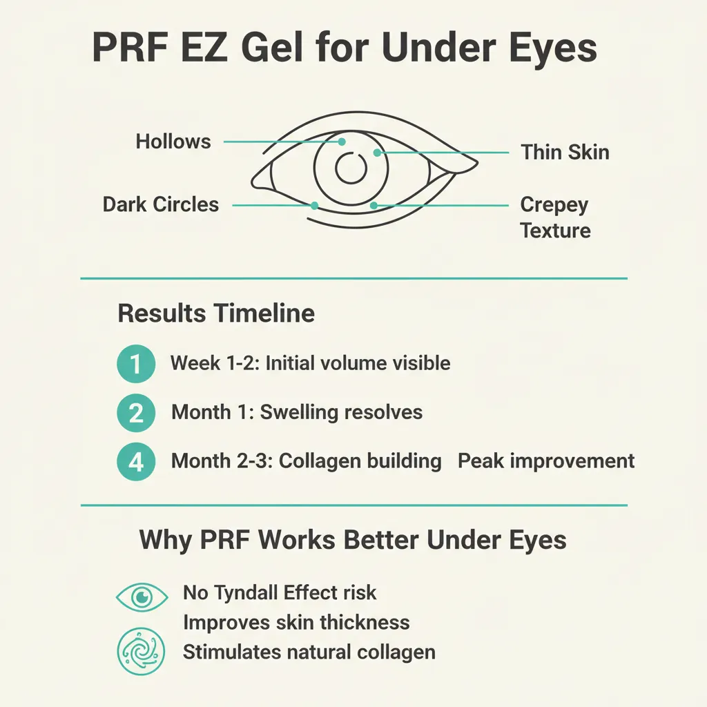 Infographic showing how PRF EZ Gel treats under-eye hollows and dark circles