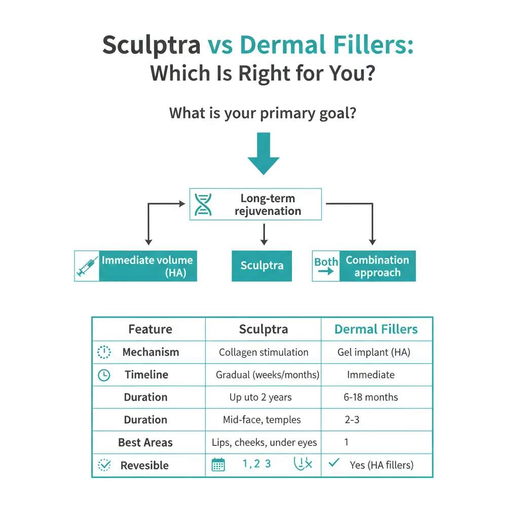 Infographic comparing Sculptra versus dermal fillers by mechanism, duration, and ideal treatment areas