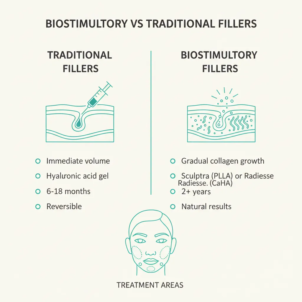 Infographic comparing how biostimulatory fillers stimulate collagen versus traditional filler volume replacement