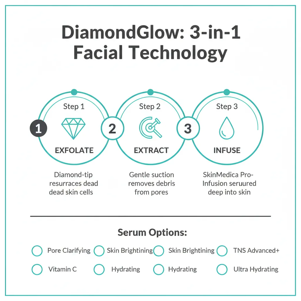 Infographic showing the three steps of a DiamondGlow facial: exfoliate, extract, and infuse