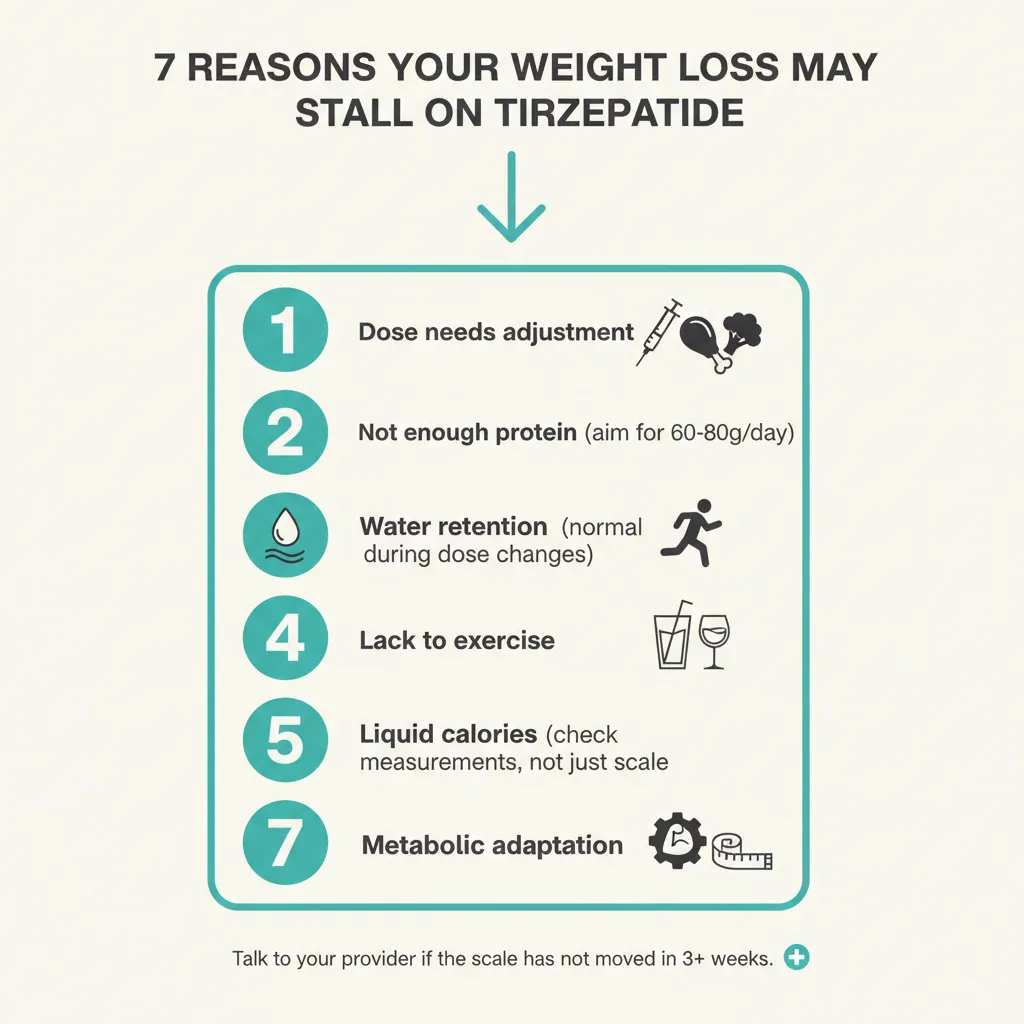 Infographic showing 7 common reasons for weight loss plateau on tirzepatide