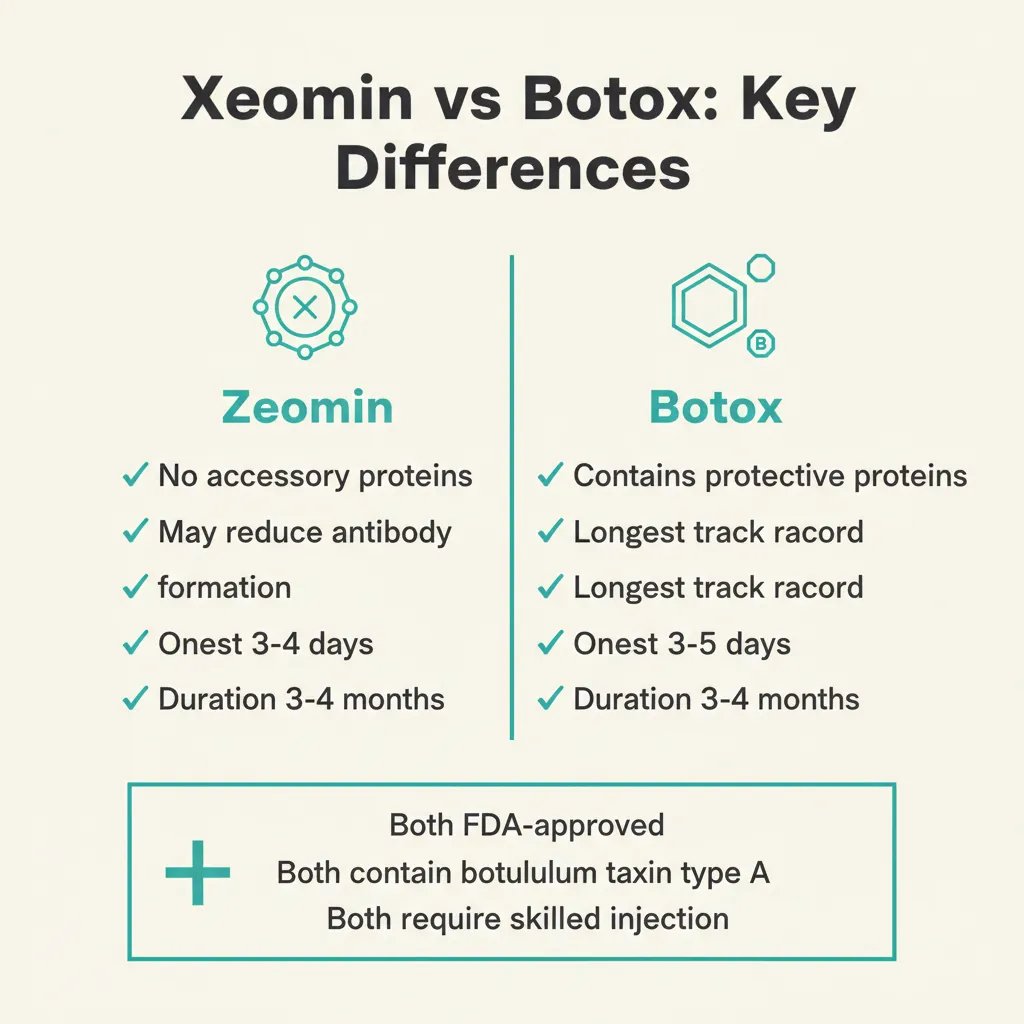 Infographic comparing Xeomin versus Botox key differences