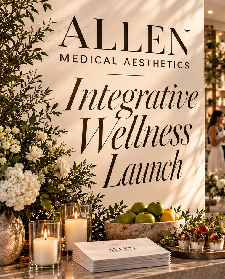 Integrative Wellness Launch signage at Allen Medical Aesthetics, framed by florals and candles.